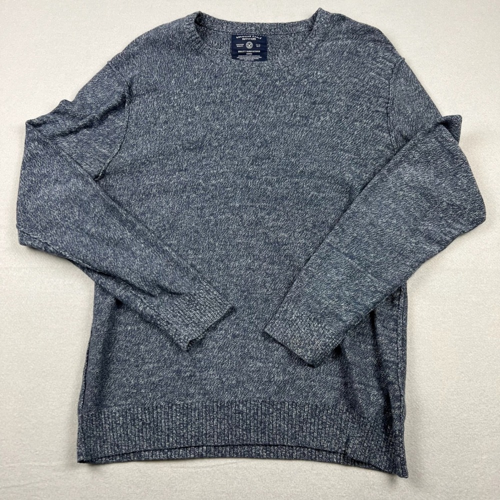 American Eagle Men's Medium Blue Marl Knit Crewneck Pullover Sweater Ribbed Trim